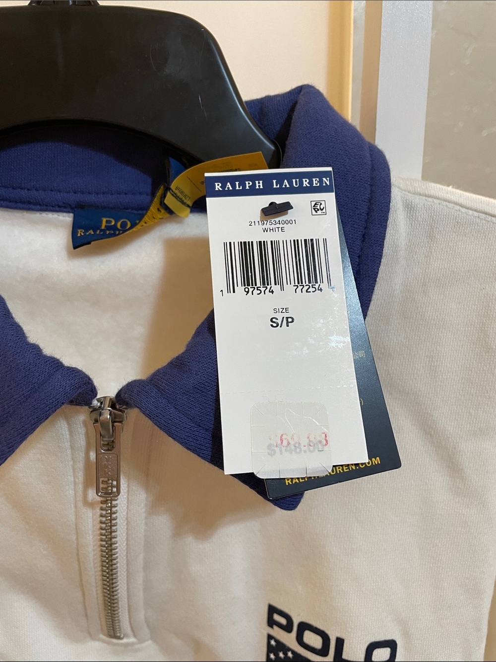 Polo by Ralph Lauren White Half-Zip Sweatshirt with Navy Collar - Picture 2 of 2